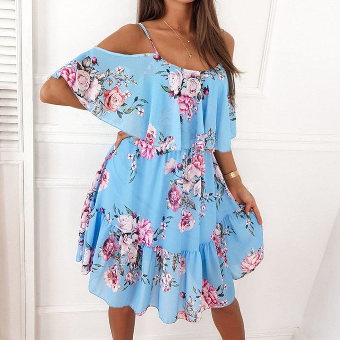 Flower Printed Dress Summer V-neck Stitching Off-the-shoulder Strap Dress