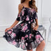Flower Printed Dress Summer V-neck Stitching Off-the-shoulder Strap Dress