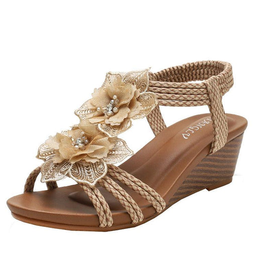 Flowers Sandals Summer Bohemia Wedges Shoes With Weave Ankle Strap