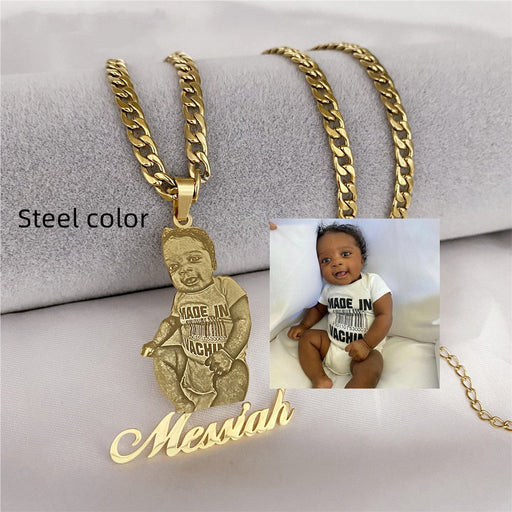 Frosted Portrait Photo Name Necklace Children