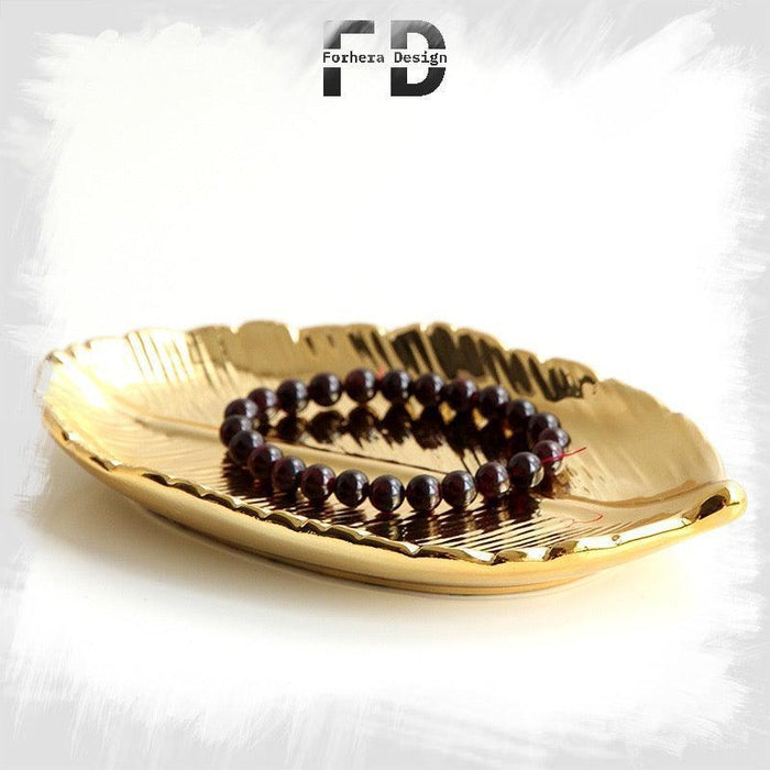 Golden Leaf Tray Ceramic Decorative Display Plate For Snacks Or Dessert