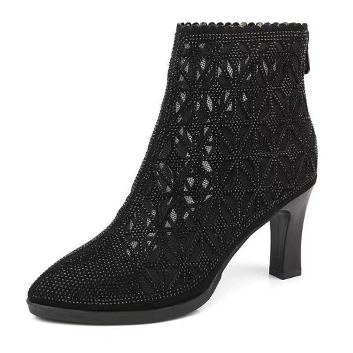 High Heel Mesh Boots Hollow-out Single Boots Pointed Toe Rhinestone Mesh
