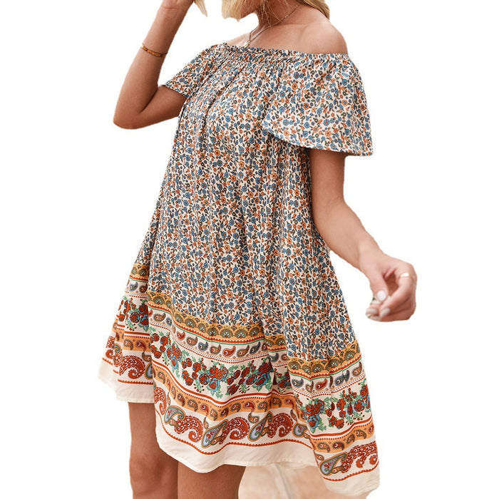 Himia Holiday Style One-line Collar Short-sleeved Floral Dress For Women
