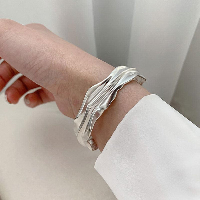 Irregular Fold Texture Opening Wide S925 Sterling Silver Bracelet Women