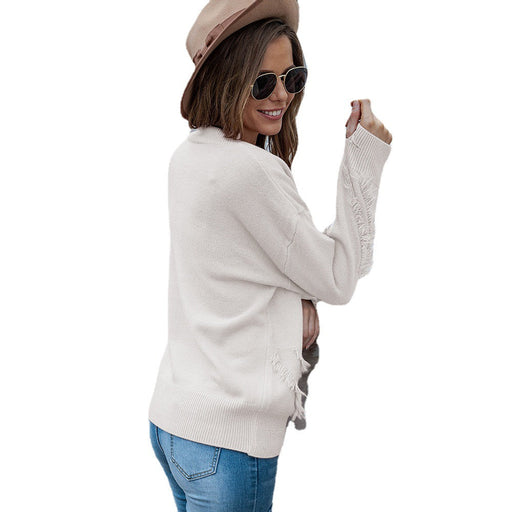 Knitted Pullover Plus Size Women's V-neck Tassel Pocket Pullover Long Sleeve Sweater Female