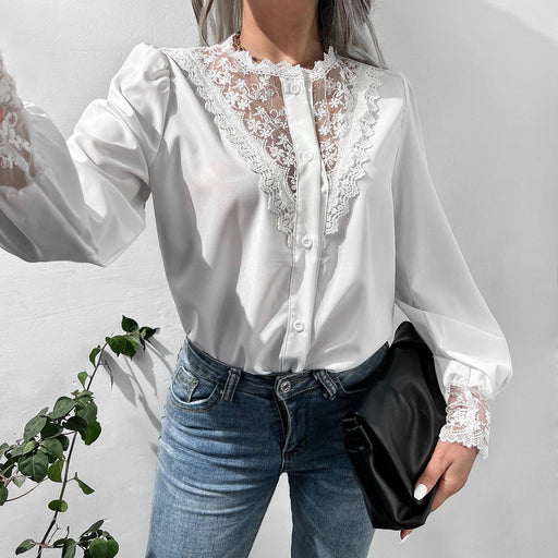 Lace Shirt Lantern Sleeve Single Breasted Top