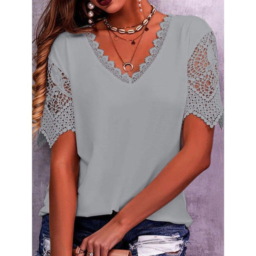 Lace Tops Women Summer Loose V Neck Short Sleeve Casual Shirts