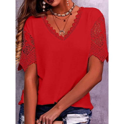 Lace Tops Women Summer Loose V Neck Short Sleeve Casual Shirts