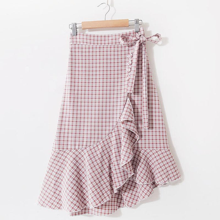 Lace-up Plaid High Waist Slim Ruffle Irregular Skirt