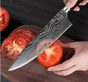 Laser wave color wood handle 8 inch steel knife