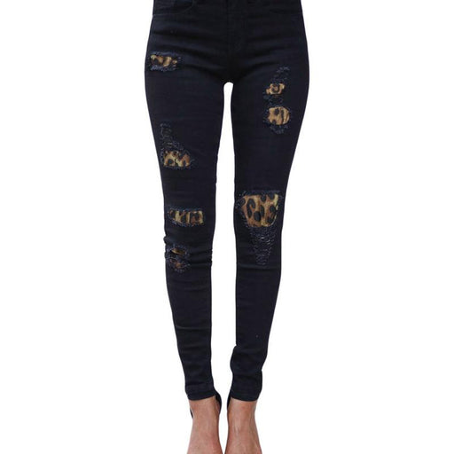 Leopard-print ripped patch stretch jeans