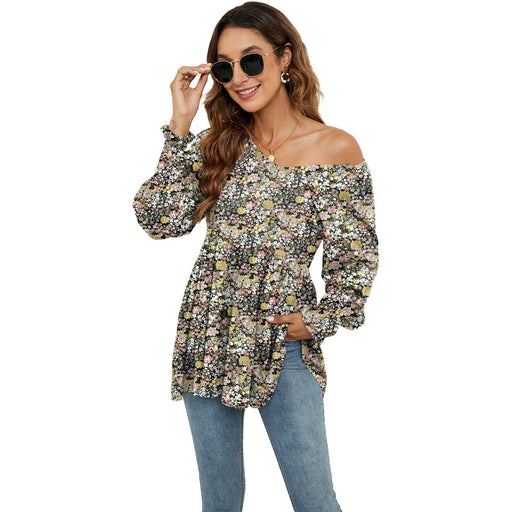 Long Puff Sleeve Tops Women Flowers Print Casual V-Neck Blouse T-Shirts Babydoll Tops