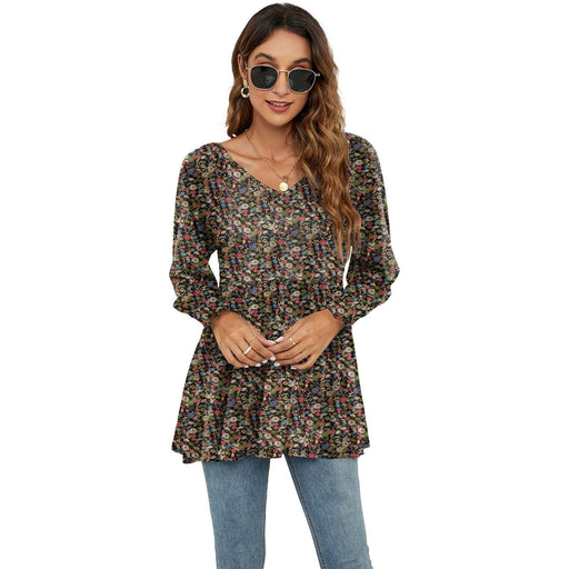Long Puff Sleeve Tops Women Flowers Print Casual V-Neck Blouse T-Shirts Babydoll Tops