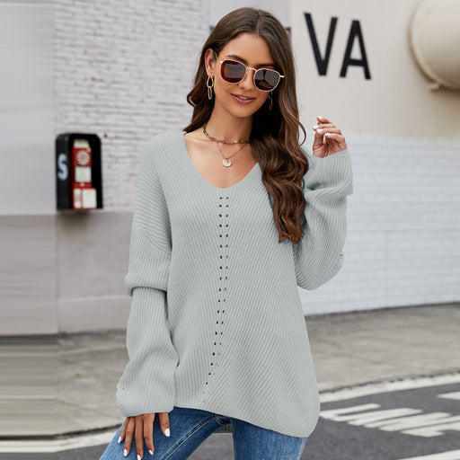 Long Sleeve Sweater With Pocket Solid Color V-neck Pullover Knitwear Women Tops