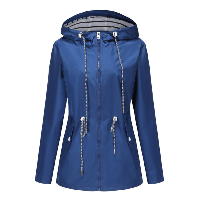 Long Sleeved Splashproof Mid Length Windbreaker For Women's Hooded Raincoat