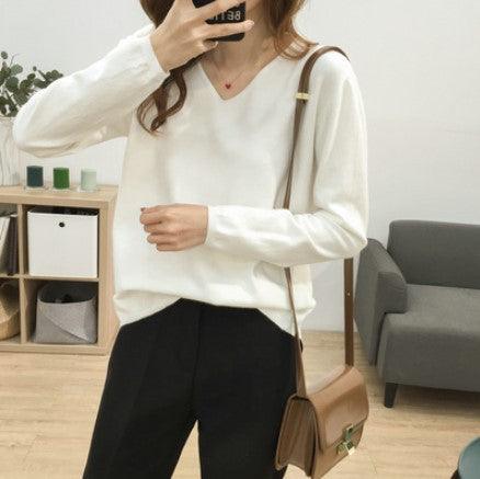 Loose Slimming V-neck Solid Color Long-sleeved Sweater