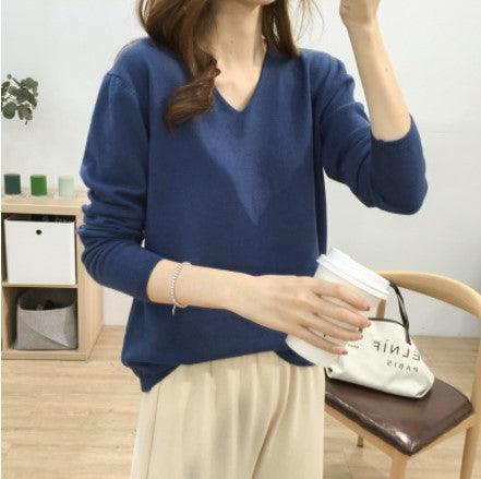 Loose Slimming V-neck Solid Color Long-sleeved Sweater