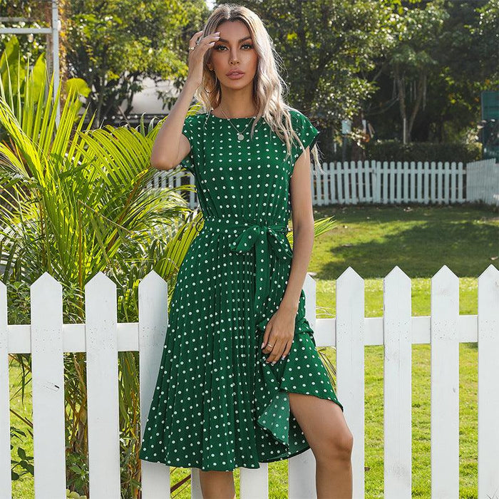 Mid Length Polka Dot Round Neck Short Sleeve Lace Up Dress For Women