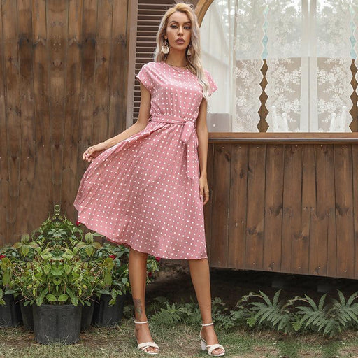 Mid Length Polka Dot Round Neck Short Sleeve Lace Up Dress For Women