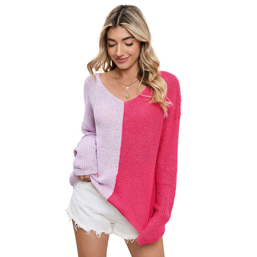New Color Matching V-neck Pullover Sweater Knitted Long-sleeved Top