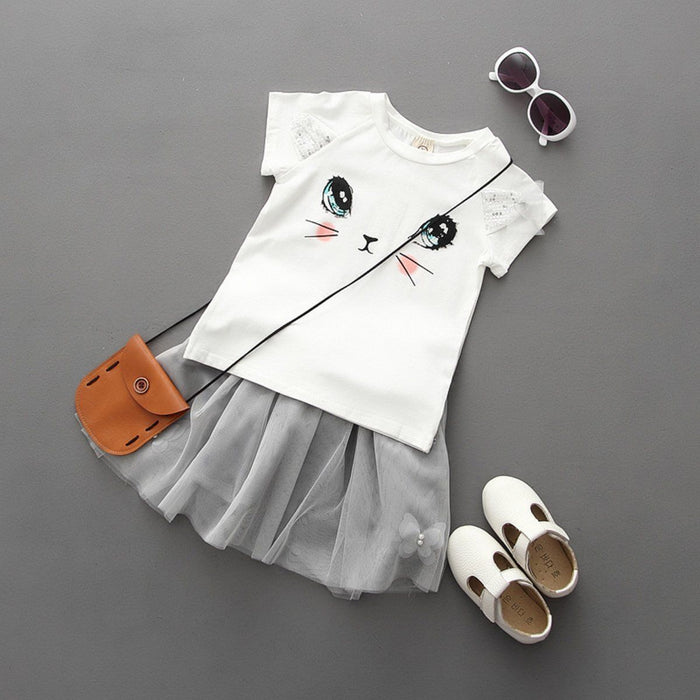 New Girls Kids Cute Child Cat Short Sleeve T-Shirt Butterfly Beaded Puffy Skirt Skirt Set