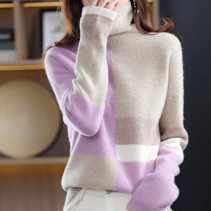 New High-necked Color-block Loose Slouchy Sweater