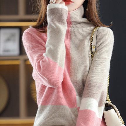 New High-necked Color-block Loose Slouchy Sweater