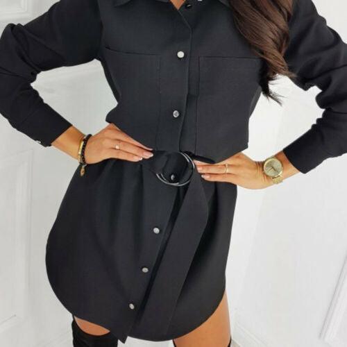 New Lace-Up Cardigan, Solid Color Sleeve-Sleeve Lapel Shirt Dress