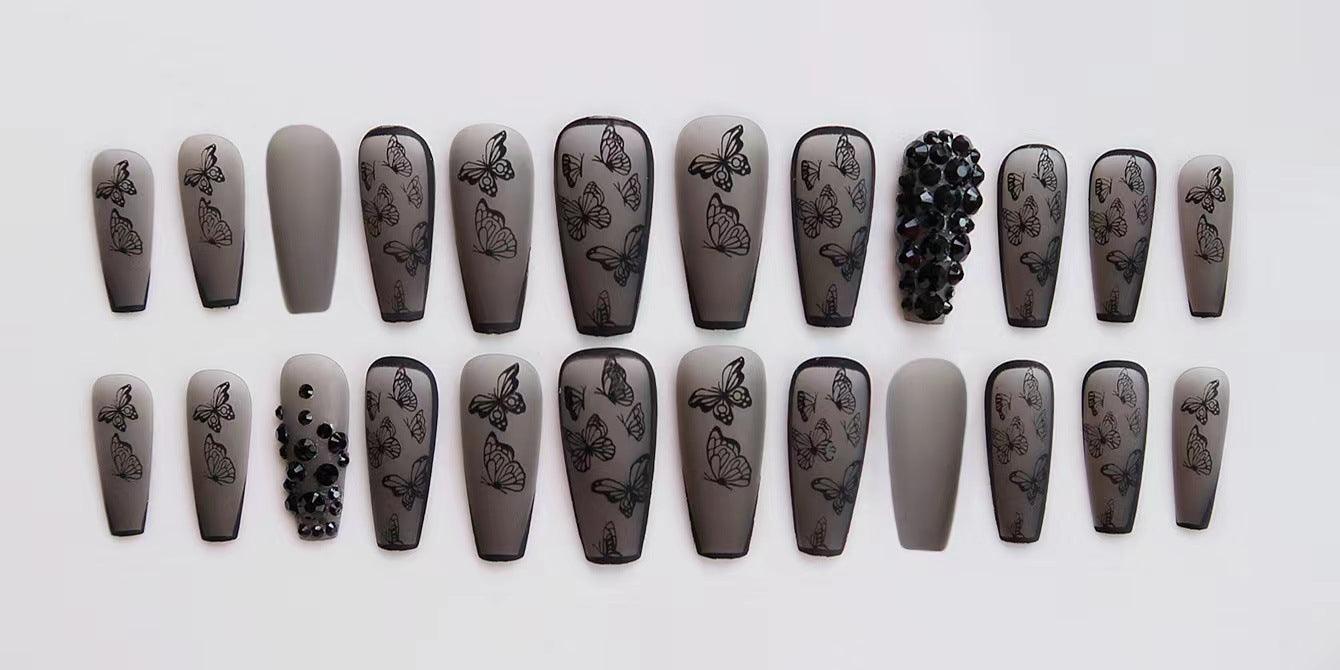 Phantom Dark Butterfly Fake Nails Long T Finished Black Frosted Removable Wear Armor