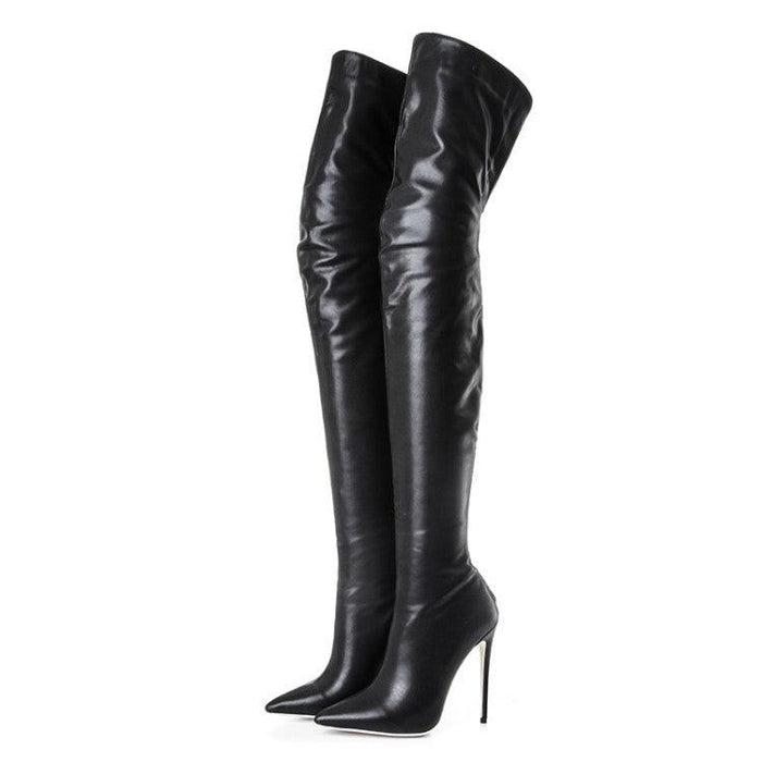 Pointy Back Zipper Stiletto Skinny Leg Boots Women's Over-the-knee Shiny Leather Boots