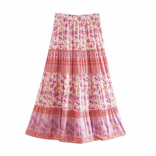 Positioned Print Elastic Waist Skirt Rayon Loose Vacation