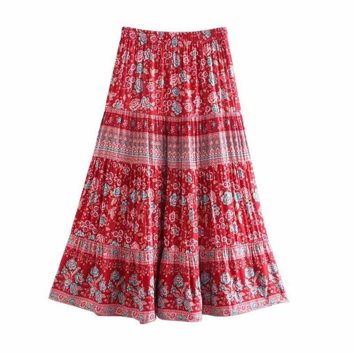 Positioned Print Elastic Waist Skirt Rayon Loose Vacation