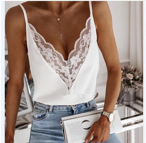 Printed Fashion Lace Patchwork V Neck Camisole T Shirt