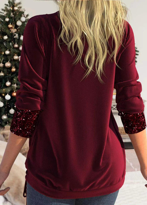 Pure Color Sequins Stitching U-neck Long-sleeved Elegant Casual T-shirt Top