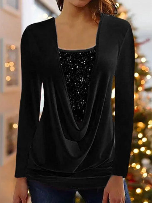 Pure Color Sequins Stitching U-neck Long-sleeved Elegant Casual T-shirt Top