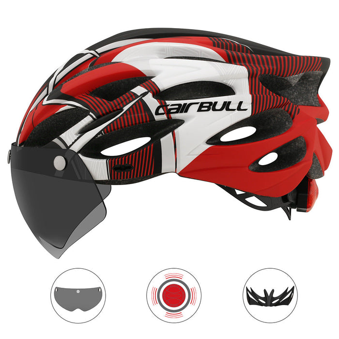 Road mountain bike riding helmet with lens and brim taillight
