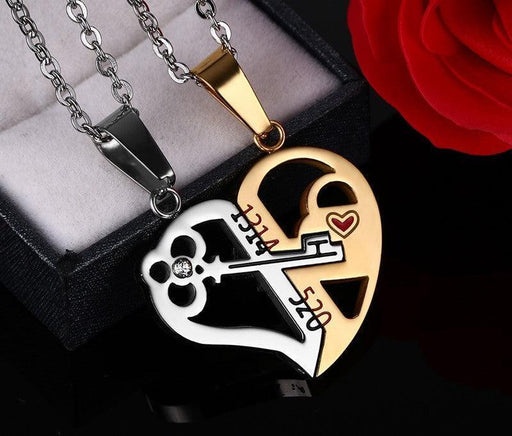 Romantic Couples Heart Key Crystal Pendant Love Necklace Set