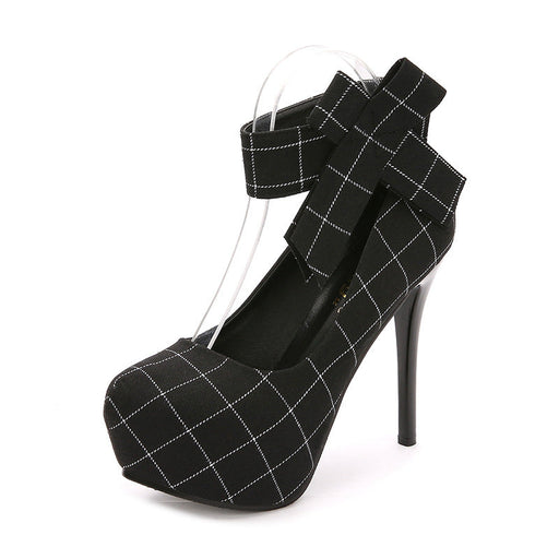 Round Head Waterproof Stiletto Women's Shoes Square Plaid With Bowknot
