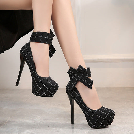 Round Head Waterproof Stiletto Women's Shoes Square Plaid With Bowknot