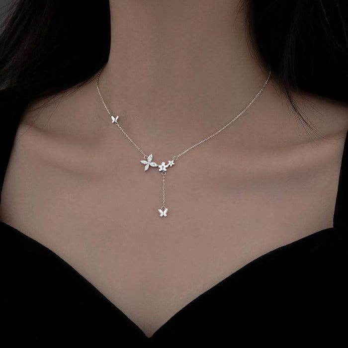 S925 Sterling Silver Tassel Diamond Butterfly Necklace