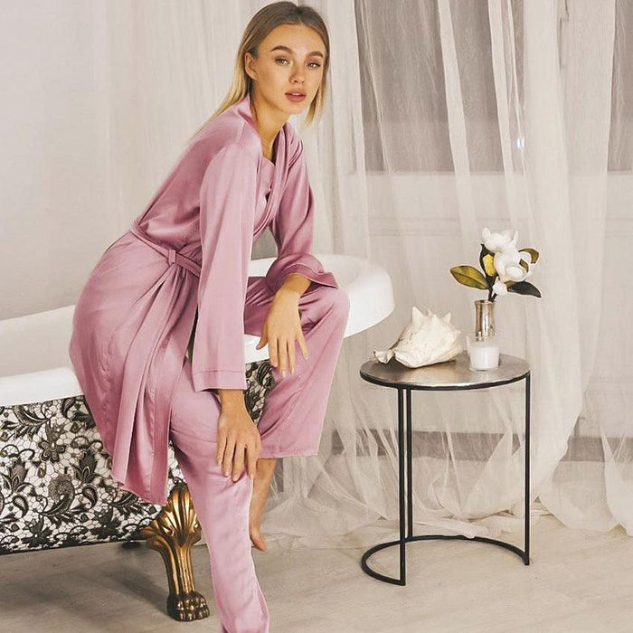 Satin Pink Simple Pajamas Suit Women Night Gown Pajamas Simulation Silk Home Service