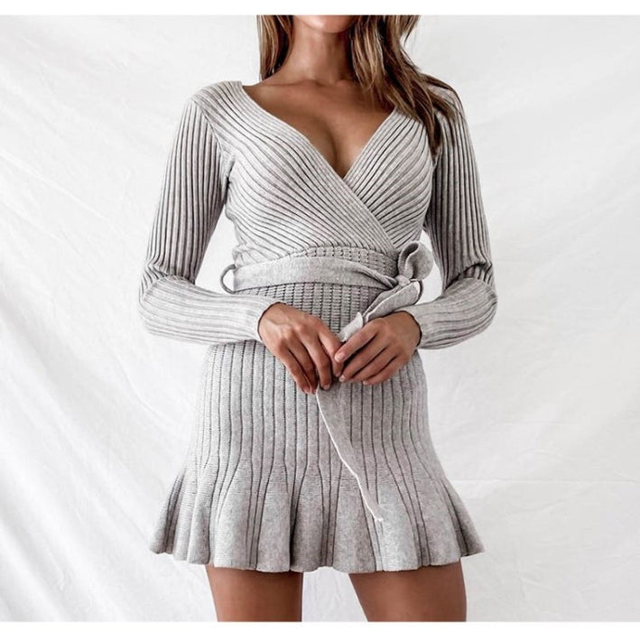 Sexy V Neck Knitted Dresses Women Long Sleeve