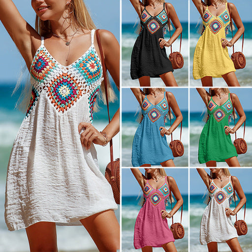 Sleeveless Dress Bohemia Stitching Colorful Pattern V-neck Hollow Beach Dress
