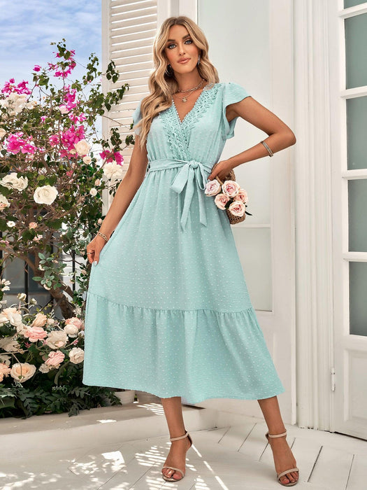 Spring And Summer Casual Plain Lace V-neck Dress