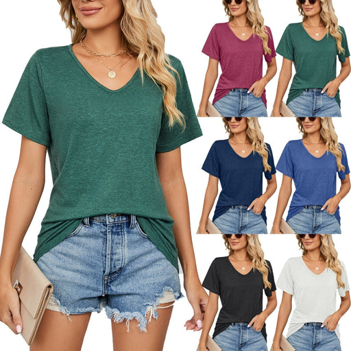 Spring Summer New Short Sleeves V-neck Pleated Solid Color Loose-fitting T-shirt Top Women
