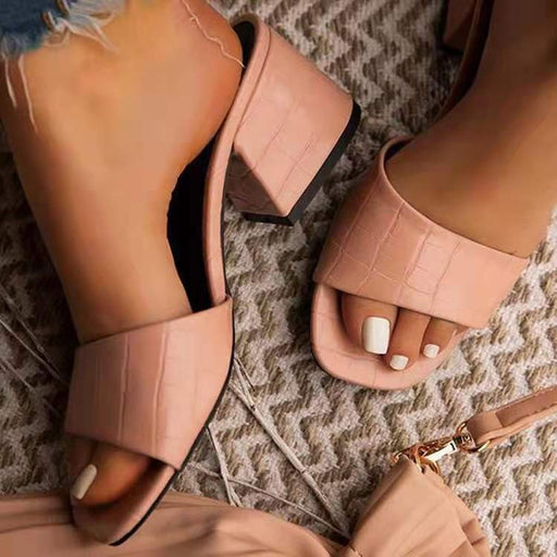 Stone Pattern Women's Sandals Summer Chunky Heel Open Toe Casual Slippers