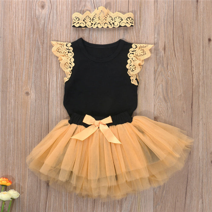 Summer Cute Baby Girl Pure Cotton Casual Clothing Suit Bow Ruffled Bodysuit Tutu Headband Baby Clothing