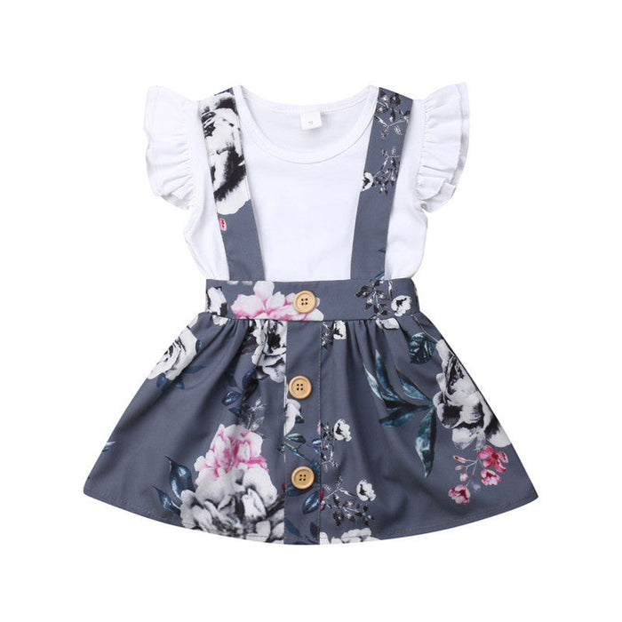 Summer Girls' Solid Color Flounced Sleeve Romper Floral Suspender Skirt Two-piece Set