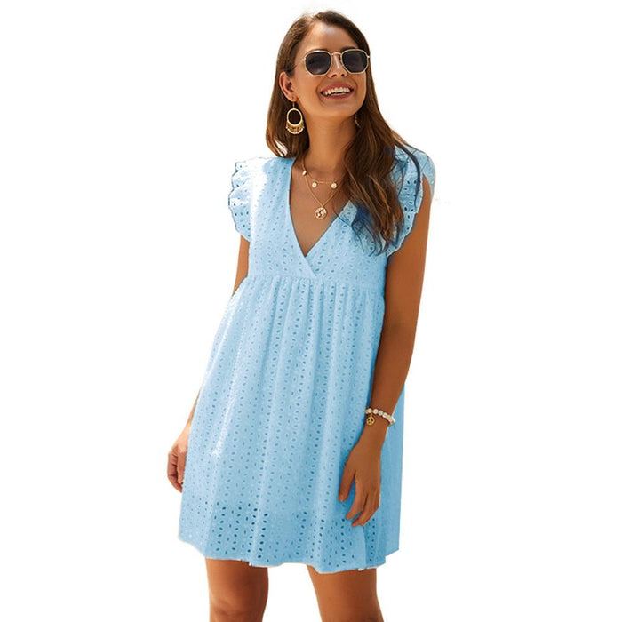Summer V-neck Cotton Short Skirt Solid Color Dress