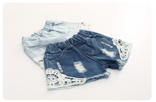 Summer new children's pants Korean personality old wind children's denim shorts Girls lace shorts